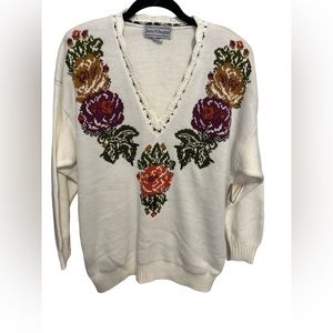 Norton mcnaughton vintage white floral embroidered sweater size large nwt
